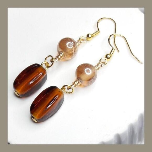 Hand Crafted Jewelry - Boho Earrings  100# Czech glass Goldplate 925 SilverHooksStamp Bohemian Brown Ar